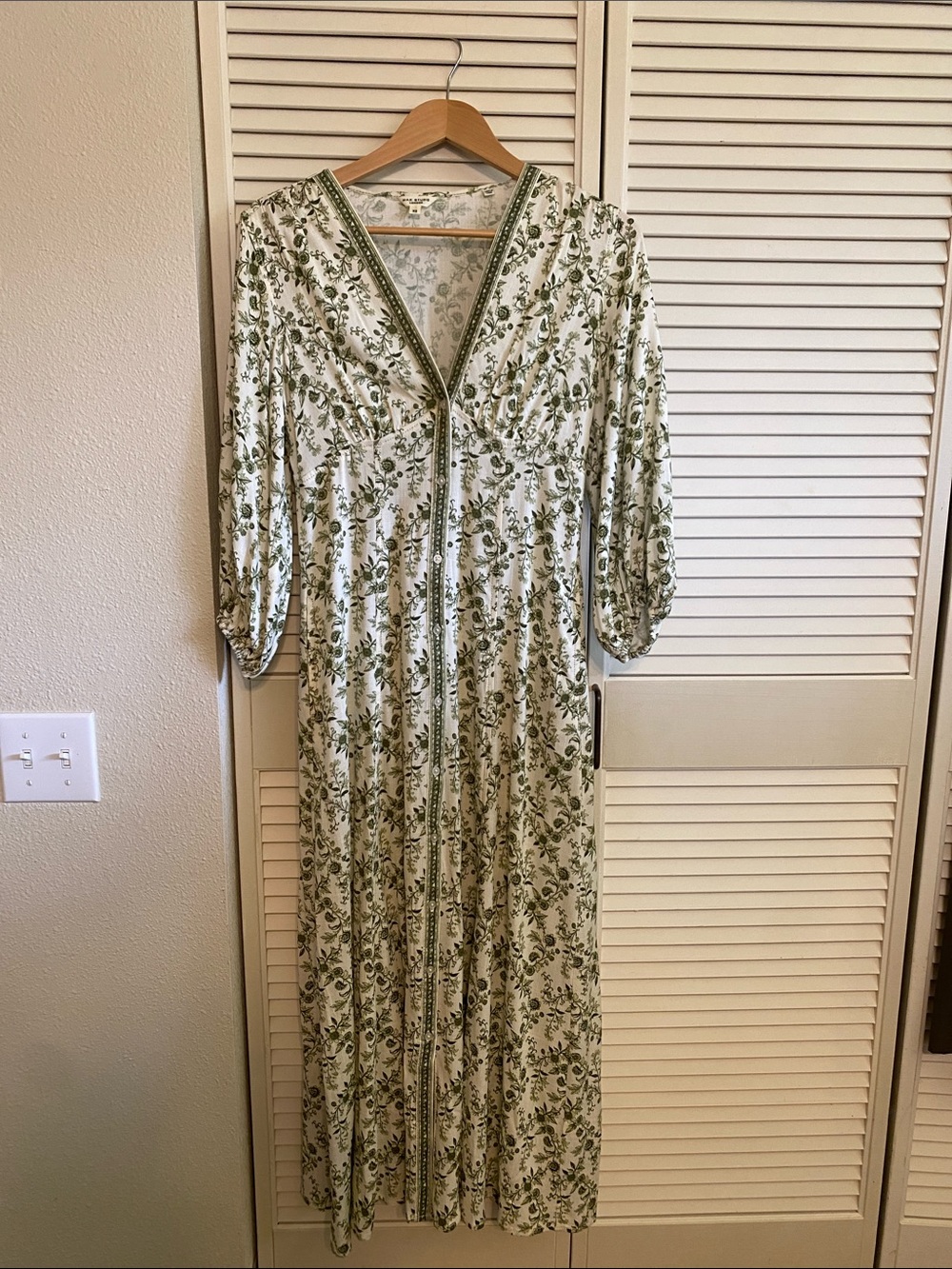 Max Studio Cream and Green Floral V-Neck Maxi Dress